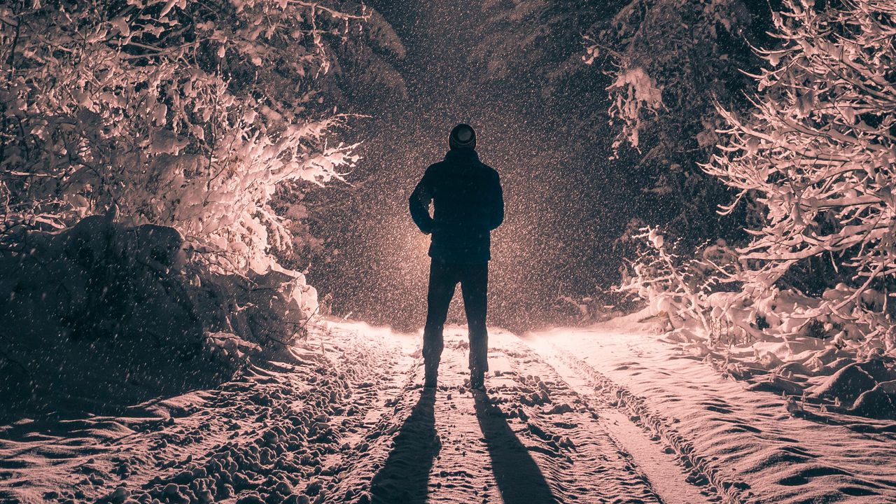 Wallpaper man, alone, light, snow, winter, forest, dark