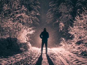 Preview wallpaper man, alone, light, snow, winter, forest, dark