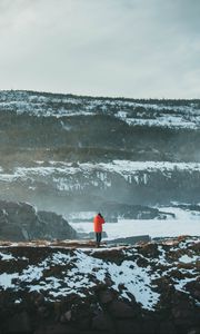 Preview wallpaper man, alone, mountains, snow, fog