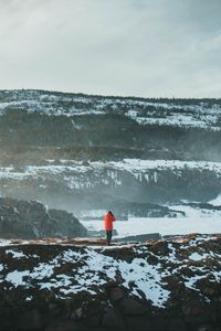 Preview wallpaper man, alone, mountains, snow, fog