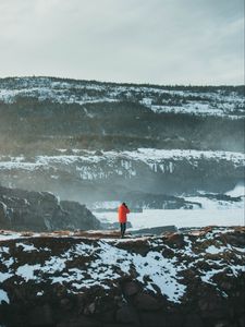 Preview wallpaper man, alone, mountains, snow, fog