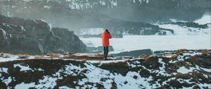 Preview wallpaper man, alone, mountains, snow, fog