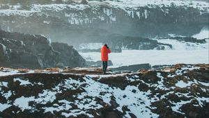 Preview wallpaper man, alone, mountains, snow, fog