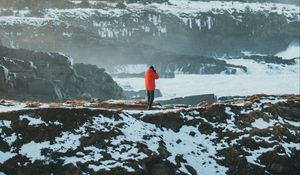 Preview wallpaper man, alone, mountains, snow, fog