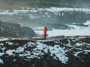 Preview wallpaper man, alone, mountains, snow, fog