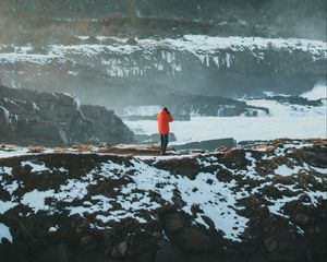Preview wallpaper man, alone, mountains, snow, fog