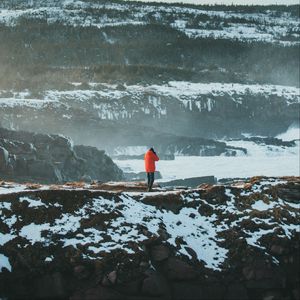 Preview wallpaper man, alone, mountains, snow, fog