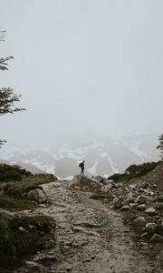 Preview wallpaper man, alone, mountains, road, fog