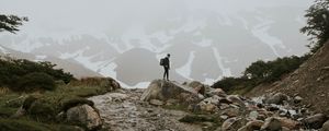 Preview wallpaper man, alone, mountains, road, fog