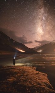 Preview wallpaper man, alone, mountains, stars, night, nature