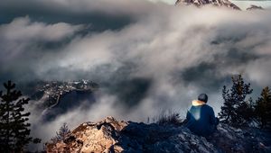 Preview wallpaper man, alone, mountains, fog, nature