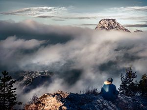 Preview wallpaper man, alone, mountains, fog, nature