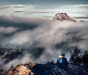 Preview wallpaper man, alone, mountains, fog, nature