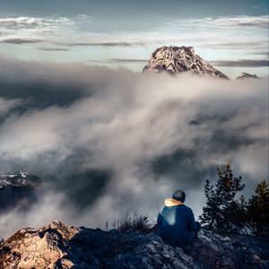 Preview wallpaper man, alone, mountains, fog, nature