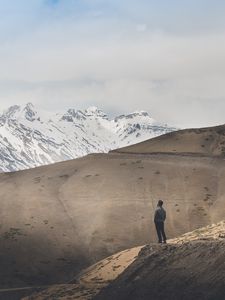 Preview wallpaper man, alone, mountains, snow, view, nature