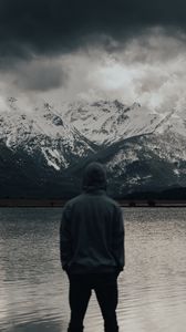 Preview wallpaper man, alone, nature, mountains, lake