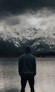 Preview wallpaper man, alone, nature, mountains, lake