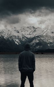 Preview wallpaper man, alone, nature, mountains, lake