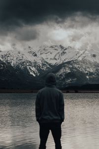 Preview wallpaper man, alone, nature, mountains, lake