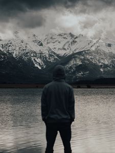 Preview wallpaper man, alone, nature, mountains, lake