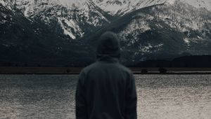 Preview wallpaper man, alone, nature, mountains, lake