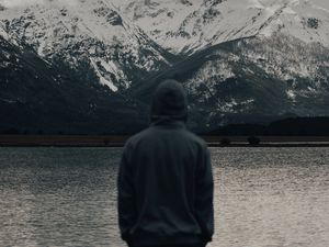 Preview wallpaper man, alone, nature, mountains, lake