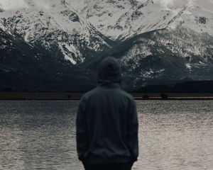 Preview wallpaper man, alone, nature, mountains, lake