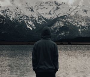 Preview wallpaper man, alone, nature, mountains, lake