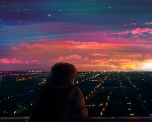 Preview wallpaper man, alone, night city, view, art