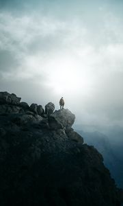 Preview wallpaper man, alone, peak, mountains, fog