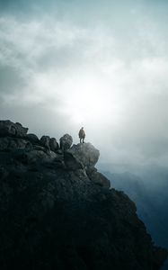 Preview wallpaper man, alone, peak, mountains, fog