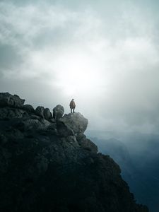 Preview wallpaper man, alone, peak, mountains, fog