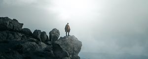 Preview wallpaper man, alone, peak, mountains, fog