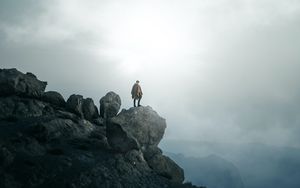 Preview wallpaper man, alone, peak, mountains, fog