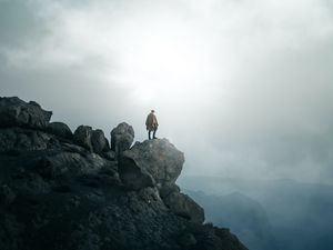 Preview wallpaper man, alone, peak, mountains, fog