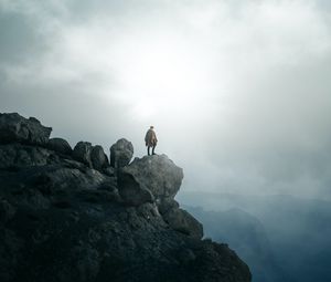 Preview wallpaper man, alone, peak, mountains, fog