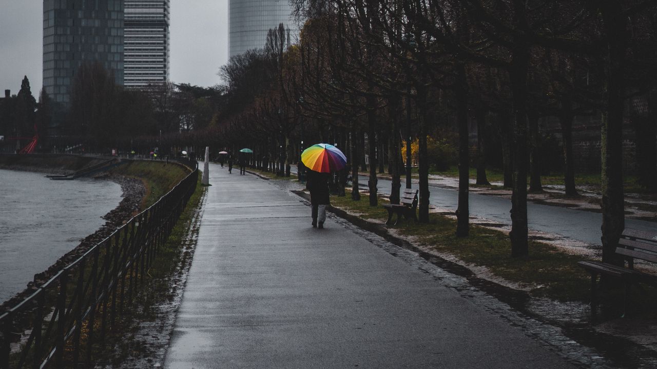 Wallpaper man, alone, rain, umbrella, embankment, city