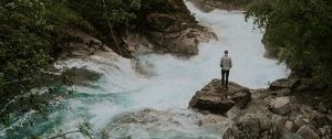 Preview wallpaper man, alone, river, trees, clouds