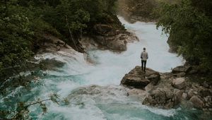 Preview wallpaper man, alone, river, trees, clouds