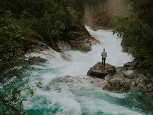 Preview wallpaper man, alone, river, trees, clouds