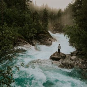 Preview wallpaper man, alone, river, trees, clouds