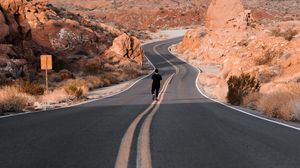 Preview wallpaper man, alone, road, desert, mountains