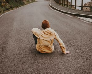 Preview wallpaper man, alone, road, asphalt, lighthouse