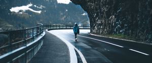 Preview wallpaper man, alone, road, turn, mountains
