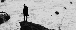 Preview wallpaper man, alone, rock, sea, waves, bw