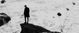 Preview wallpaper man, alone, rock, sea, waves, bw