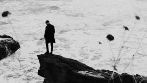 Preview wallpaper man, alone, rock, sea, waves, bw