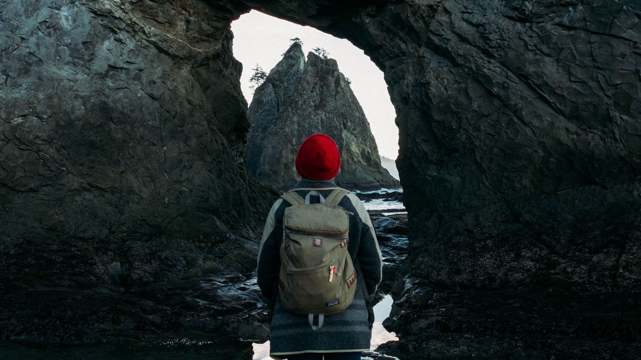 Wallpaper man, alone, rocks, arch, nature