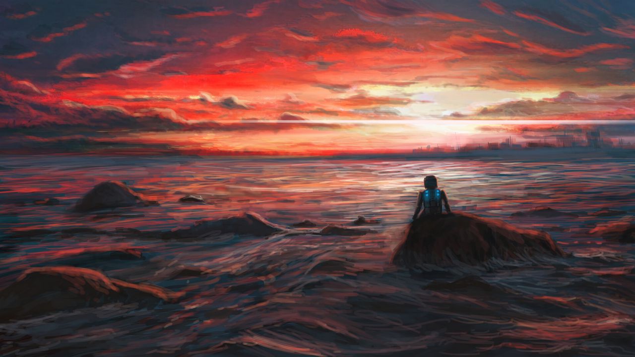 Wallpaper man, alone, sea, sunset, art, dark