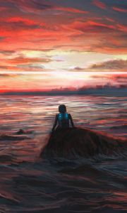 Preview wallpaper man, alone, sea, sunset, art, dark